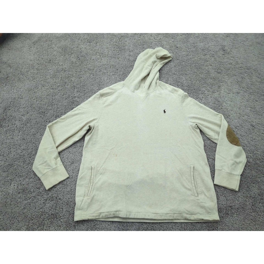 Polo by Ralph Lauren Hoodie Mens XXL Beige Pullover Long Sleeve Elbow Patch - Picture 1 of 11